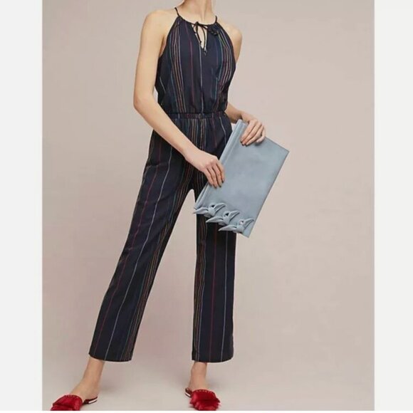 Anthropologie Dolan Left Coast Navy Embroidered Striped Cotton Halter Jumpsuit - Picture 1 of 16